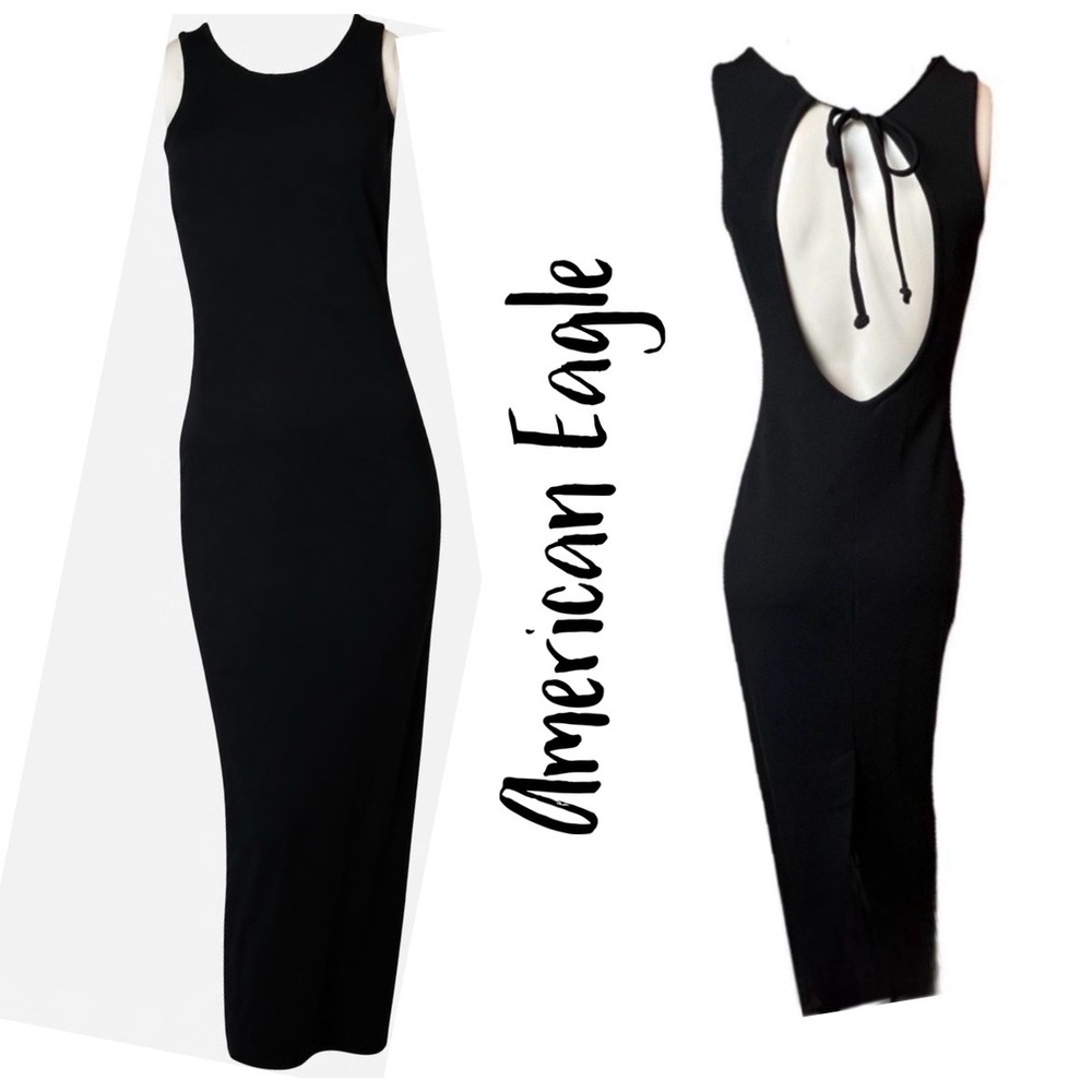 American Eagle Chic Black Backless Bodycon Maxi Dress Cutout Tie Back
Size: L
